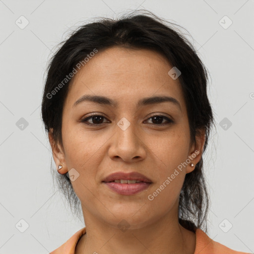 Joyful asian young-adult female with medium  brown hair and brown eyes