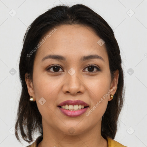 Joyful white young-adult female with medium  brown hair and brown eyes