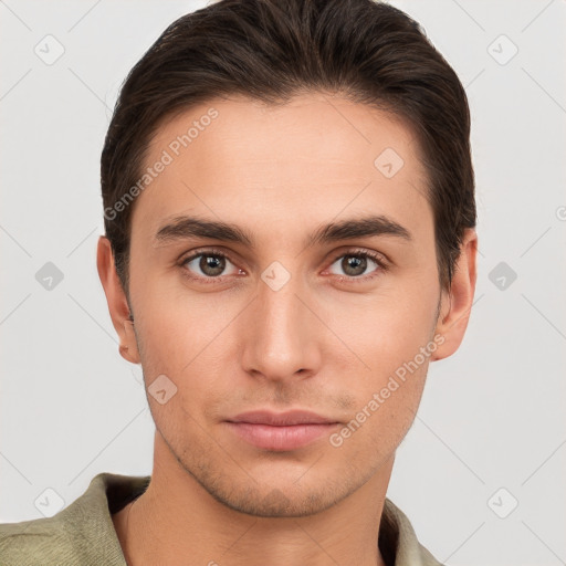 Neutral white young-adult male with short  brown hair and brown eyes