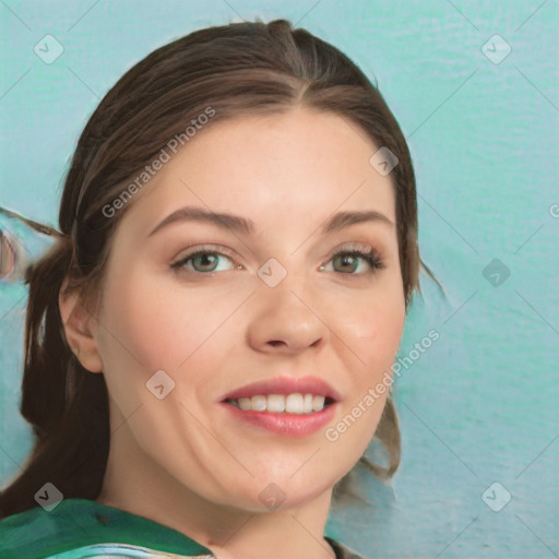 Joyful white young-adult female with medium  brown hair and green eyes