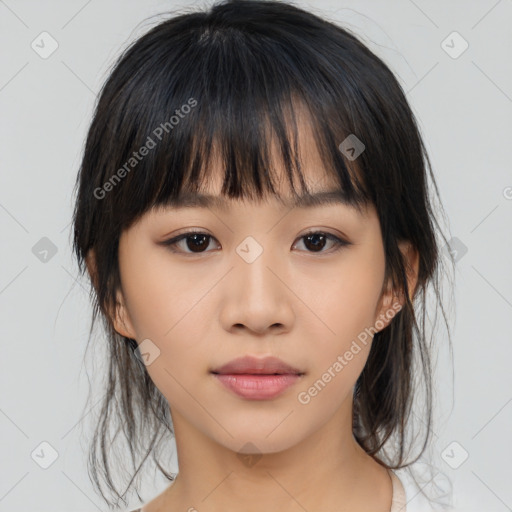 Neutral asian young-adult female with medium  brown hair and brown eyes