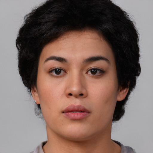 Neutral asian young-adult female with short  brown hair and brown eyes