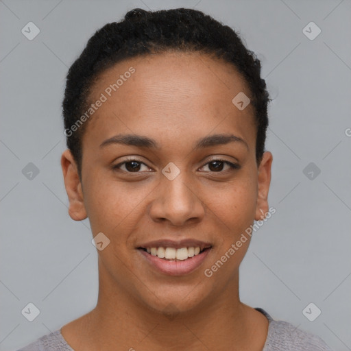 Joyful latino young-adult female with short  brown hair and brown eyes