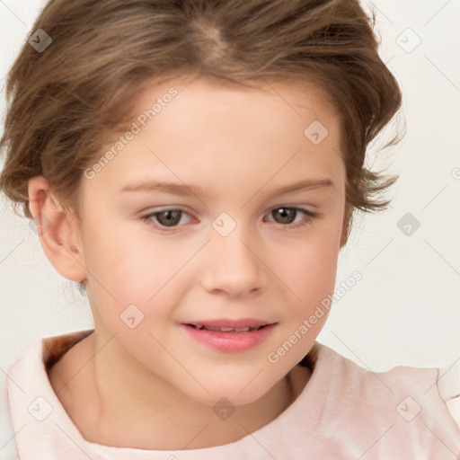 Joyful white child female with short  brown hair and brown eyes