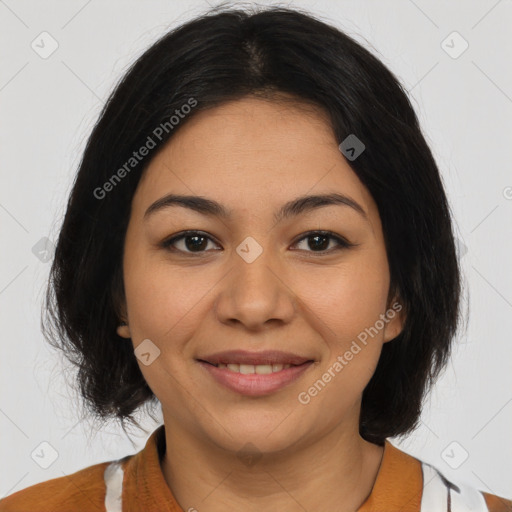 Joyful latino young-adult female with medium  brown hair and brown eyes