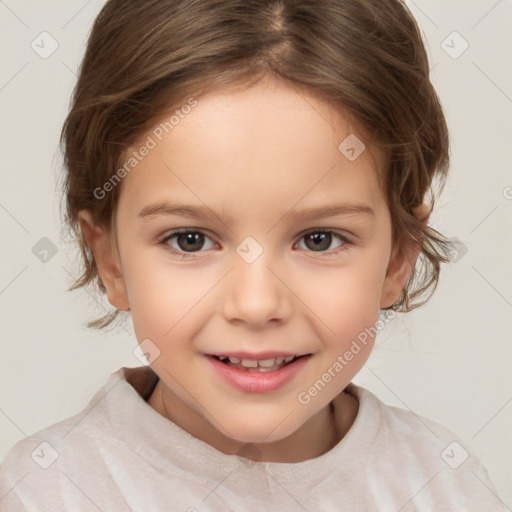 Joyful white child female with medium  brown hair and brown eyes