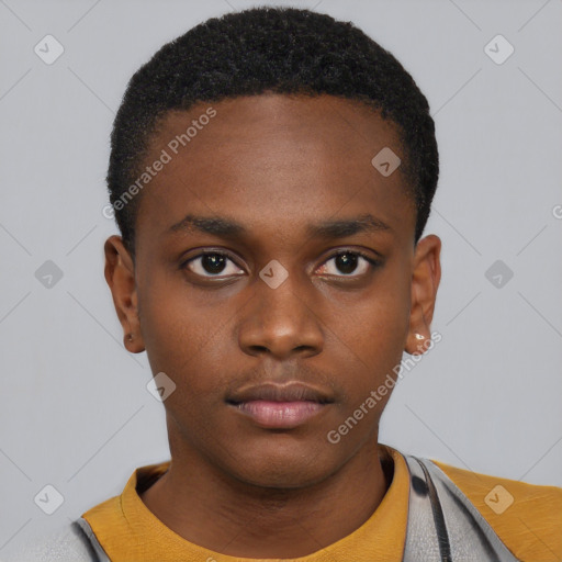 Neutral black young-adult male with short  black hair and brown eyes