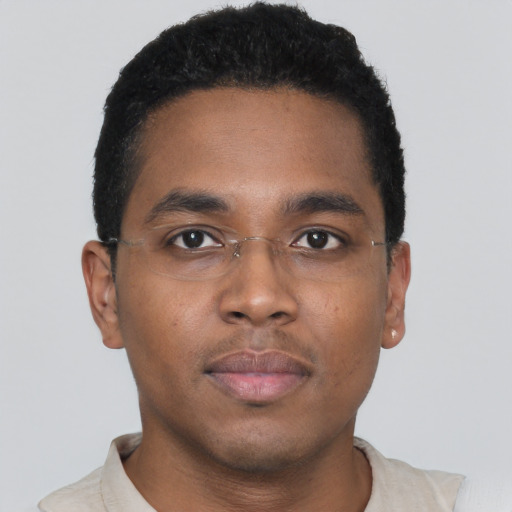 Neutral black young-adult male with short  brown hair and brown eyes