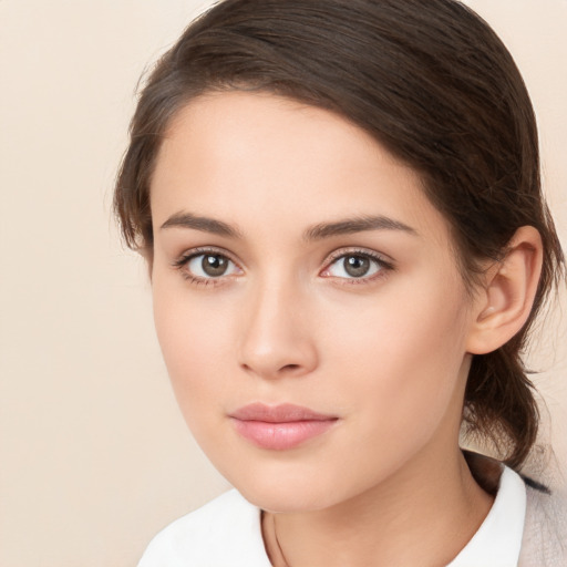 Neutral white young-adult female with medium  brown hair and brown eyes