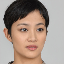 Neutral asian young-adult female with short  brown hair and brown eyes