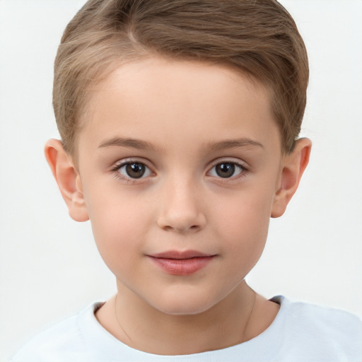 Joyful white child female with short  brown hair and brown eyes