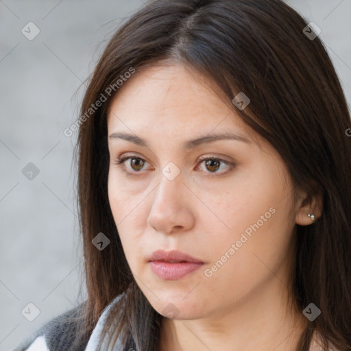 Neutral white young-adult female with long  brown hair and brown eyes