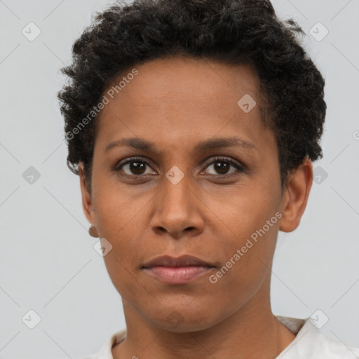 Neutral black adult female with short  brown hair and brown eyes