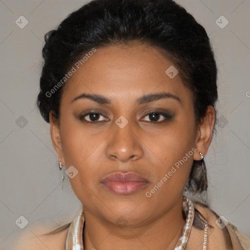 Neutral latino young-adult female with short  black hair and brown eyes