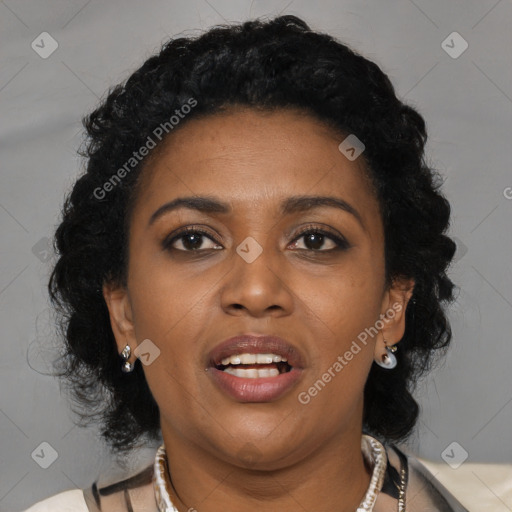 Joyful latino young-adult female with medium  black hair and brown eyes