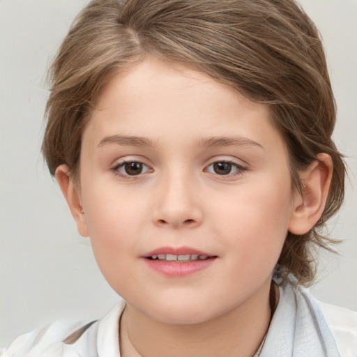 Joyful white child female with medium  brown hair and brown eyes