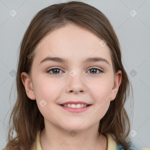 Joyful white child female with medium  brown hair and brown eyes