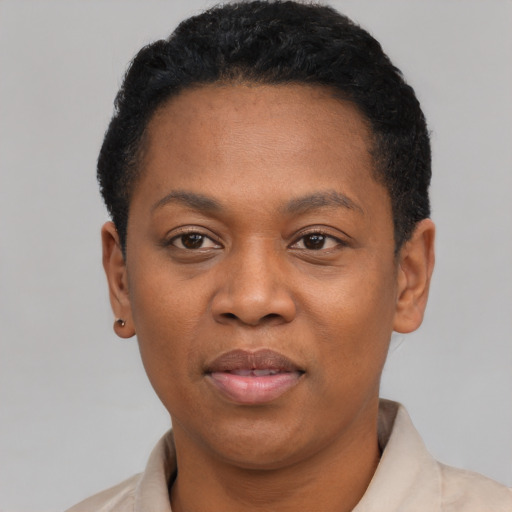 Neutral black adult female with short  black hair and brown eyes