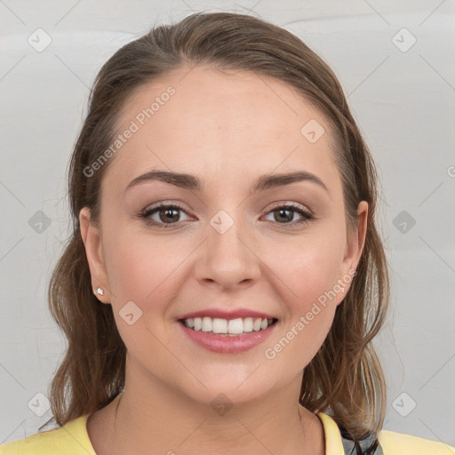 Joyful white young-adult female with medium  brown hair and grey eyes