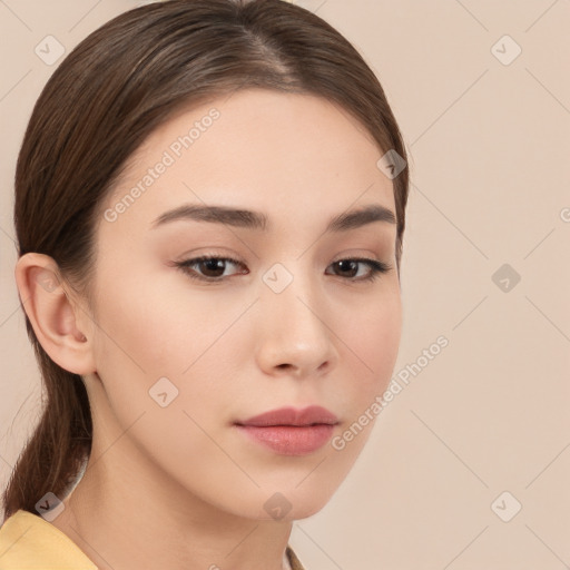 Neutral white young-adult female with long  brown hair and brown eyes