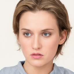 Neutral white young-adult female with medium  brown hair and blue eyes