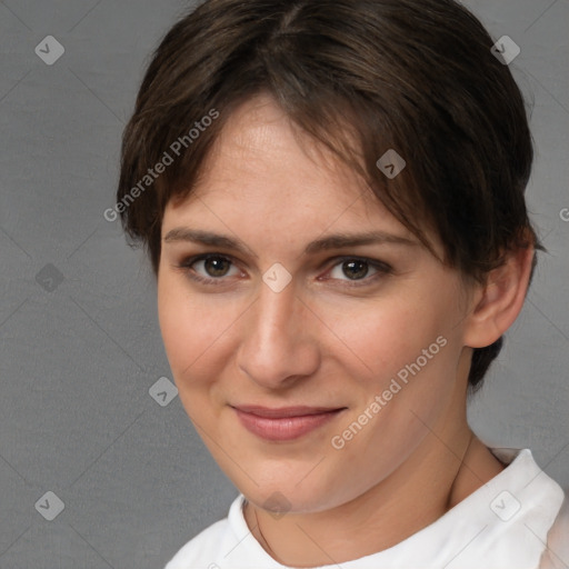 Joyful white young-adult female with medium  brown hair and brown eyes