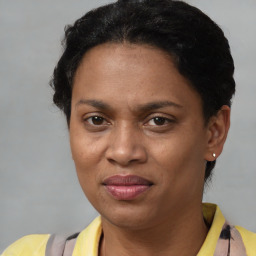 Joyful black adult female with short  brown hair and brown eyes