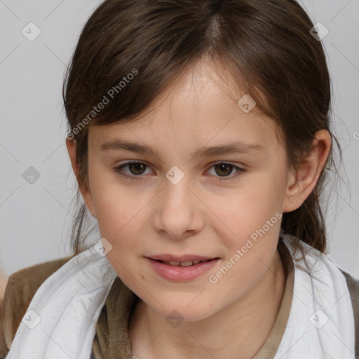 Joyful white child female with medium  brown hair and brown eyes