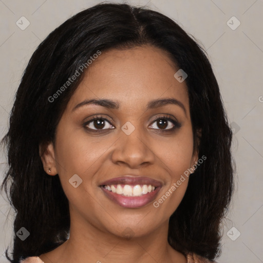 Joyful black young-adult female with medium  brown hair and brown eyes