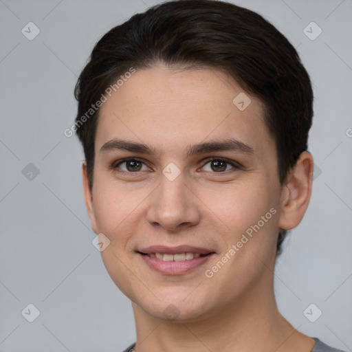 Joyful white young-adult female with short  brown hair and brown eyes