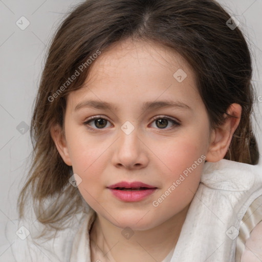 Joyful white child female with medium  brown hair and brown eyes