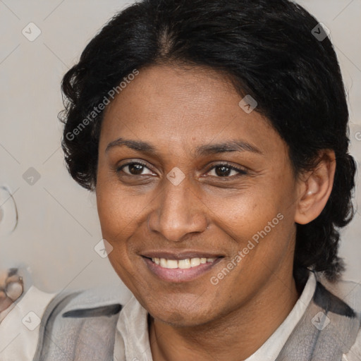 Joyful latino adult female with medium  brown hair and brown eyes