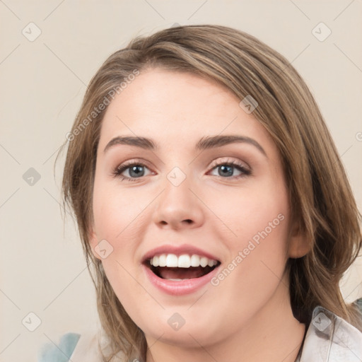 Joyful white young-adult female with medium  brown hair and green eyes