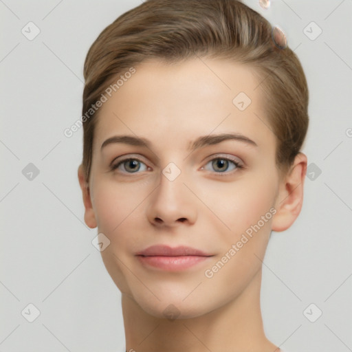 Neutral white young-adult female with short  brown hair and brown eyes