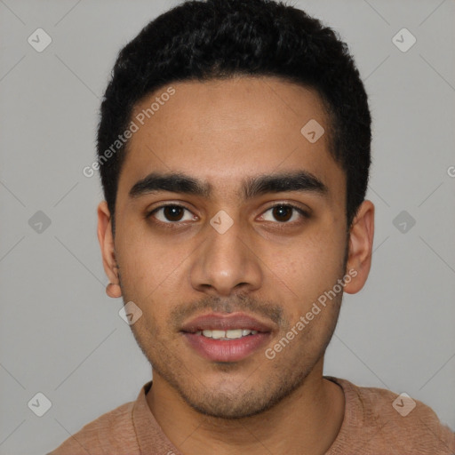 Neutral latino young-adult male with short  black hair and brown eyes