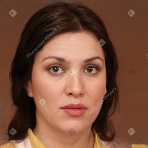 Neutral white young-adult female with medium  brown hair and brown eyes