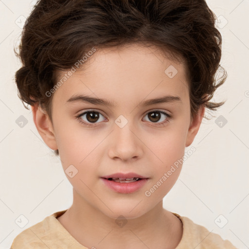 Joyful white child female with short  brown hair and brown eyes