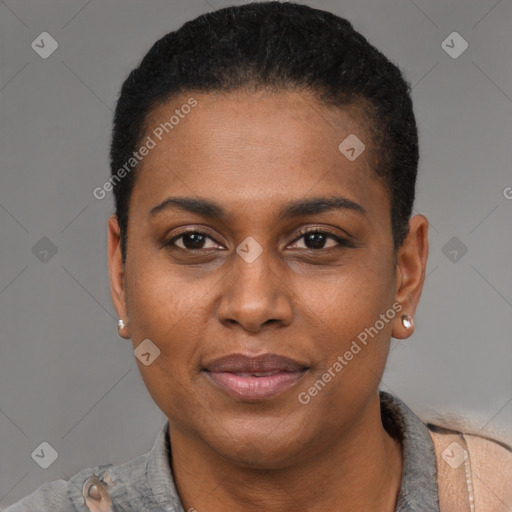 Joyful black young-adult female with short  black hair and brown eyes