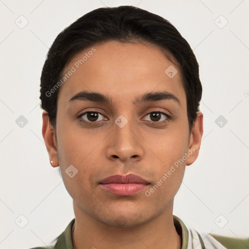 Neutral white young-adult male with short  brown hair and brown eyes