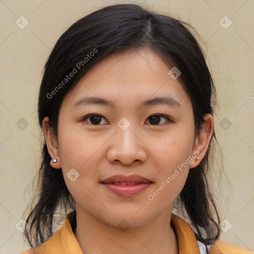 Joyful asian young-adult female with medium  brown hair and brown eyes