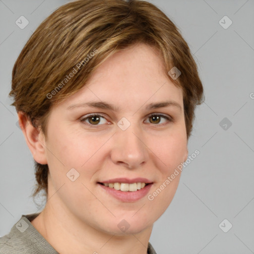 Joyful white young-adult female with medium  brown hair and grey eyes