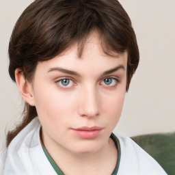 Neutral white young-adult female with medium  brown hair and grey eyes