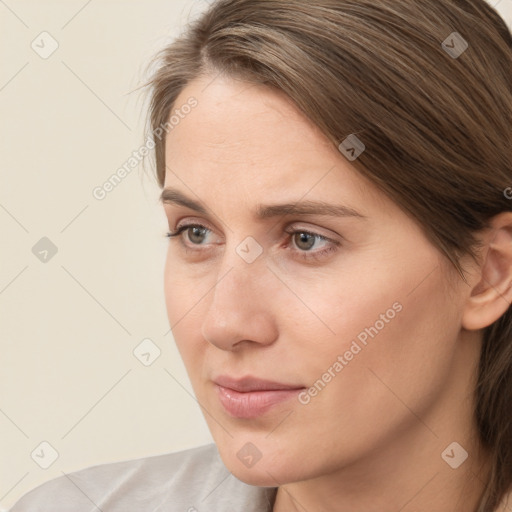 Neutral white young-adult female with medium  brown hair and brown eyes