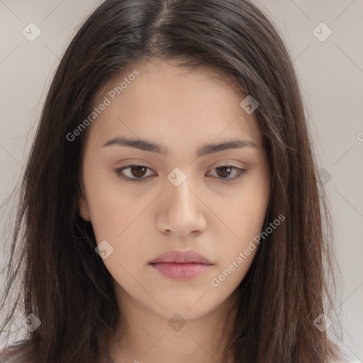 Neutral white young-adult female with long  brown hair and brown eyes