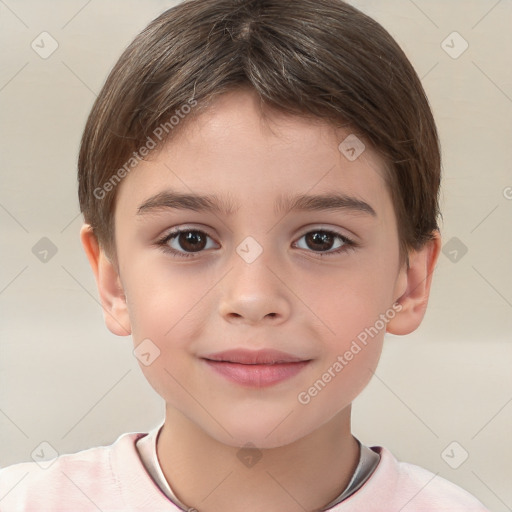 Joyful white child female with short  brown hair and brown eyes