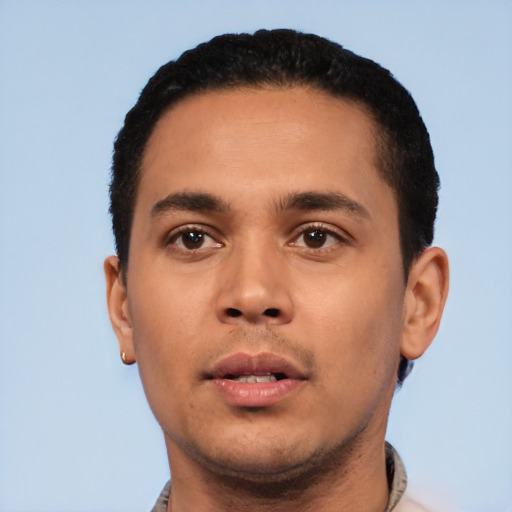 Neutral latino young-adult male with short  black hair and brown eyes
