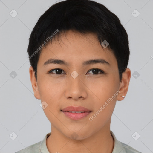 Joyful asian young-adult female with short  brown hair and brown eyes