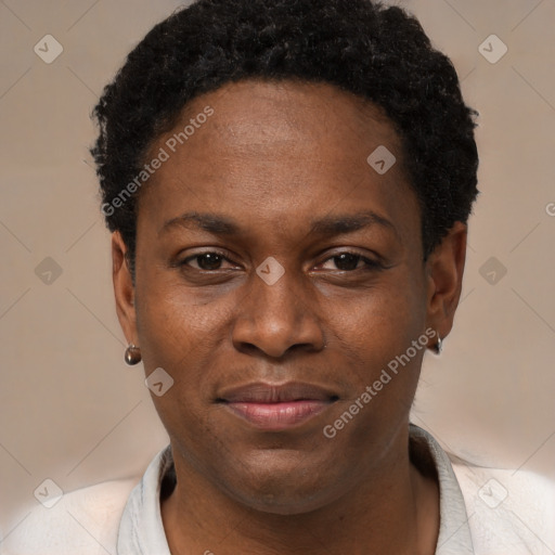 Joyful black young-adult male with short  brown hair and brown eyes