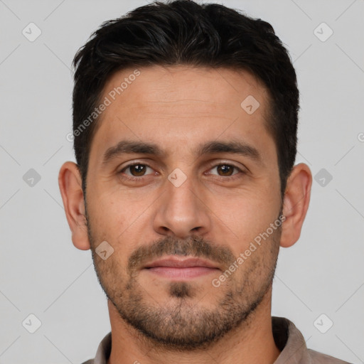 Joyful white young-adult male with short  brown hair and brown eyes