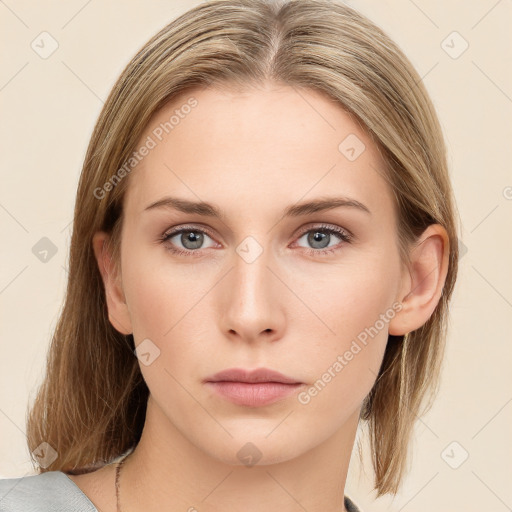 Neutral white young-adult female with medium  brown hair and grey eyes